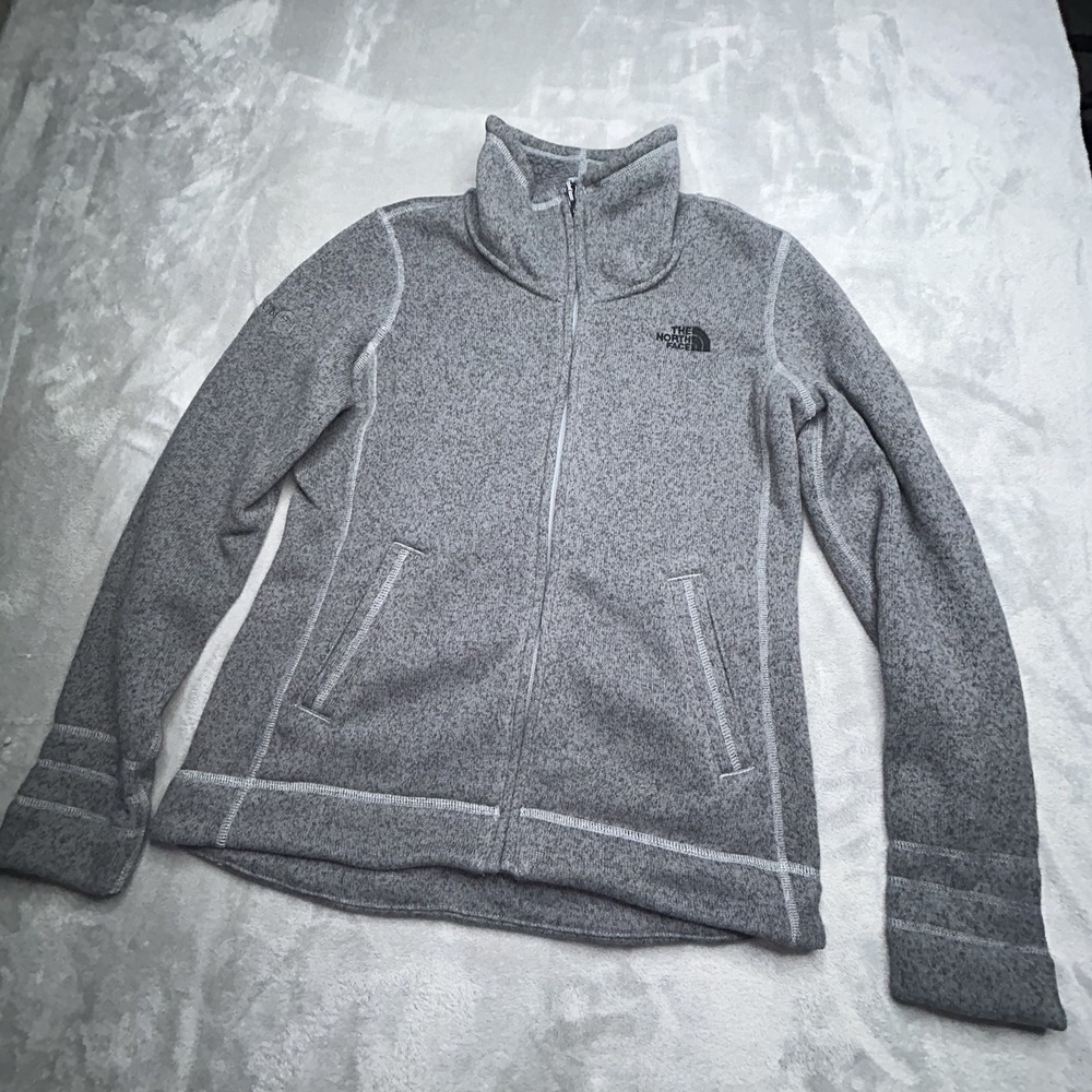 North Face Jacket Womens Medium Gray Sweater Fleece Full Zip Warm Cozy logo